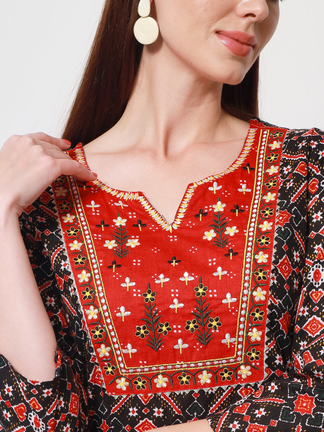 Jaipurite Embroidered Straight Kurti in Black & Red