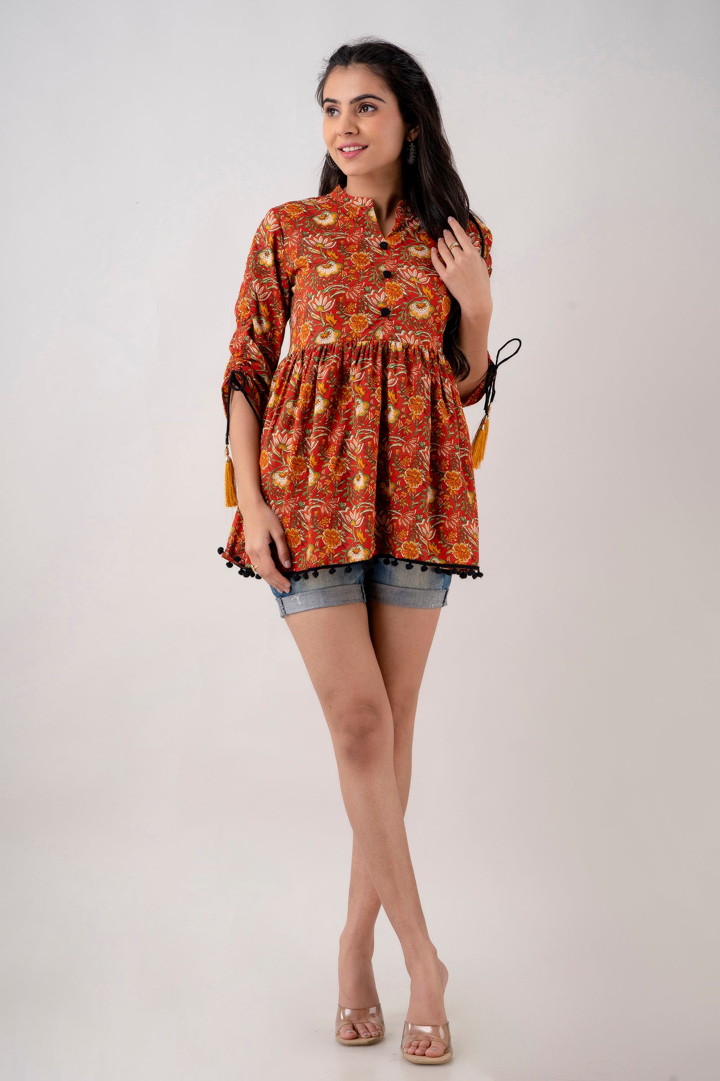 Jaipurite Red Floral Printed Tunic in Cotton