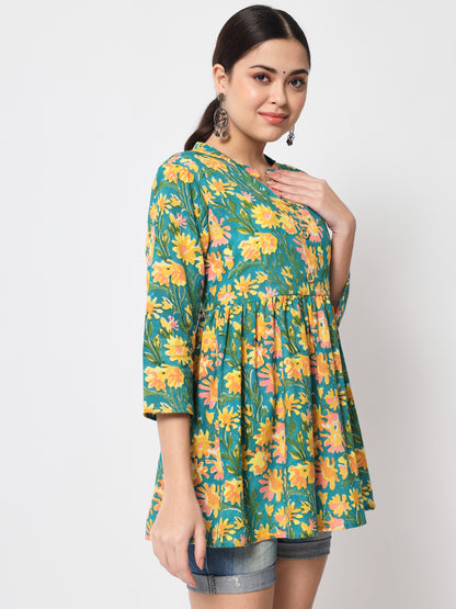 Jaipurite Green Floral Printed Tunic in Cotton