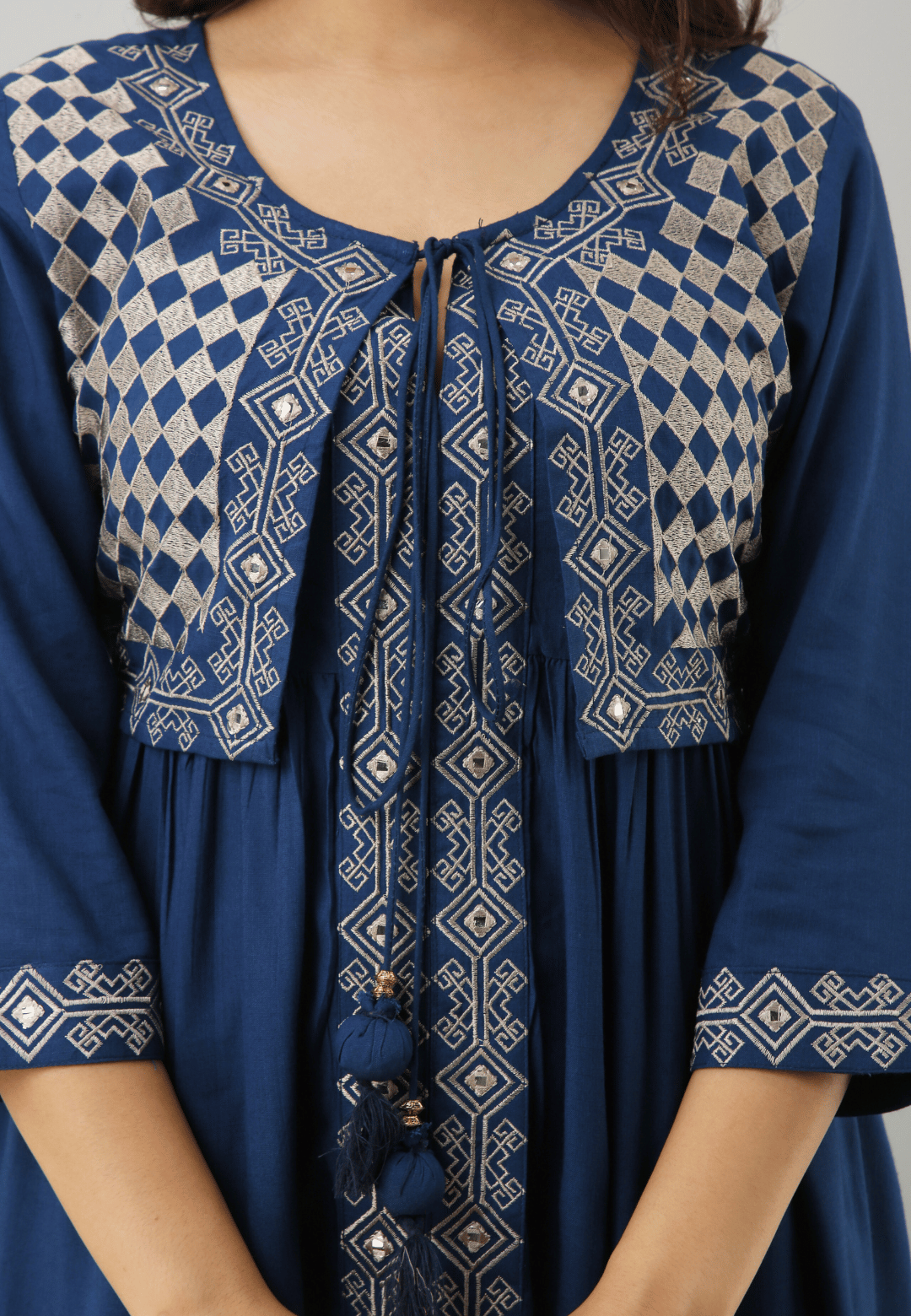 Jaipurite Embroidered Jacketed Nyra-Cut Kurta in Dark Blue