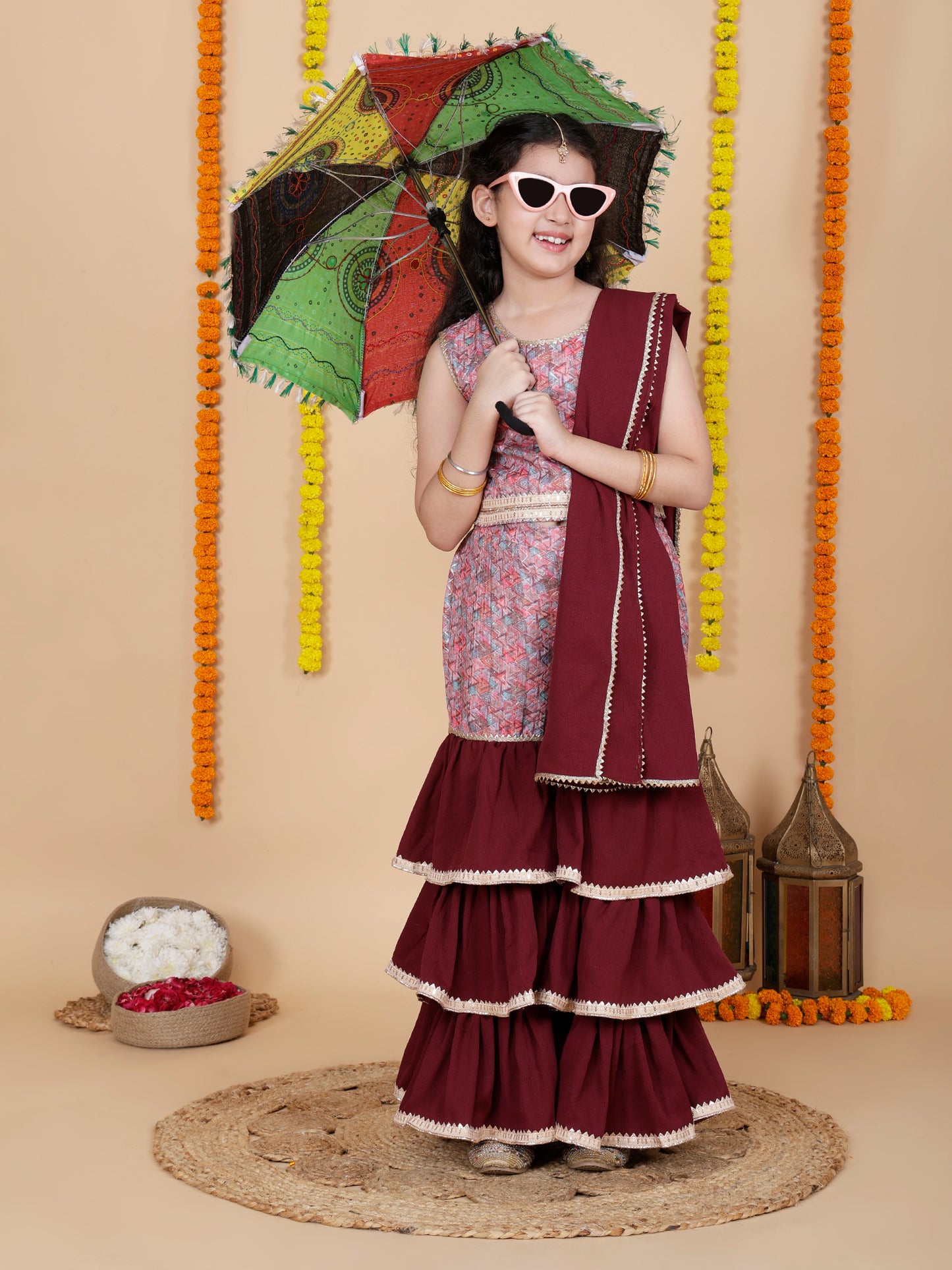 Girls Festive Top & Sharara with Dupatta