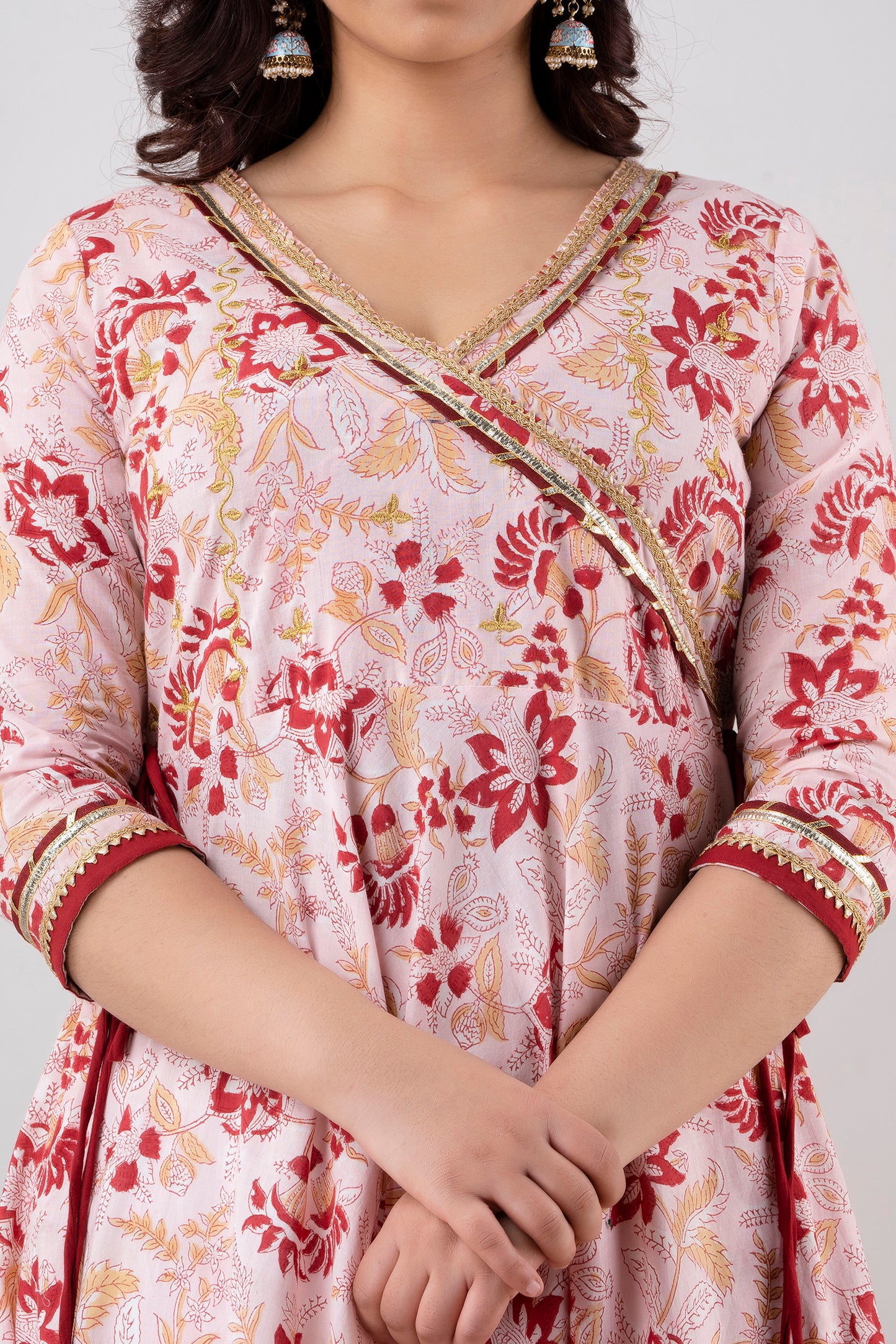 Jaipurite V Neck Anarkali Gotta Patti Floral Pink Long Dress