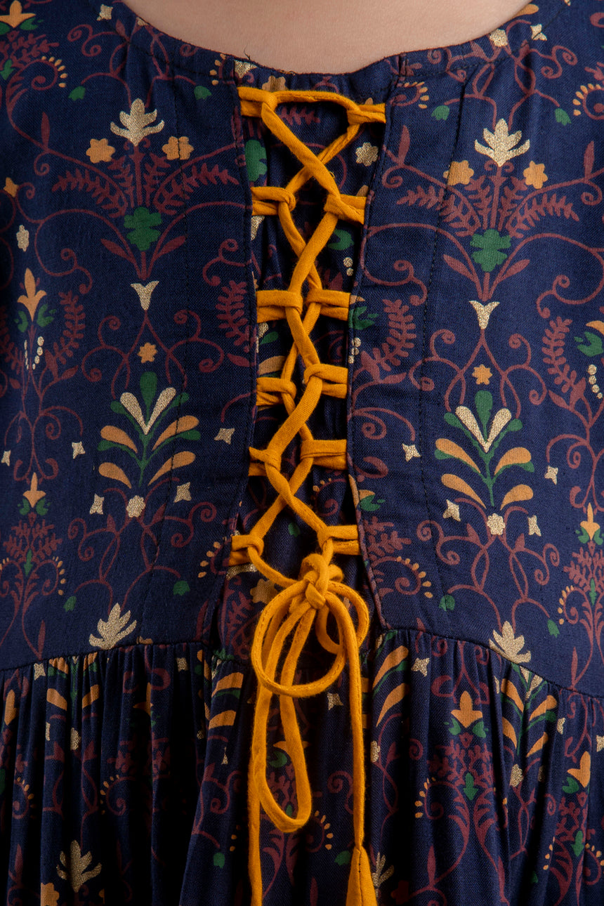 Cutiediva Girls Anarkali Kurta in Blue & Yellow