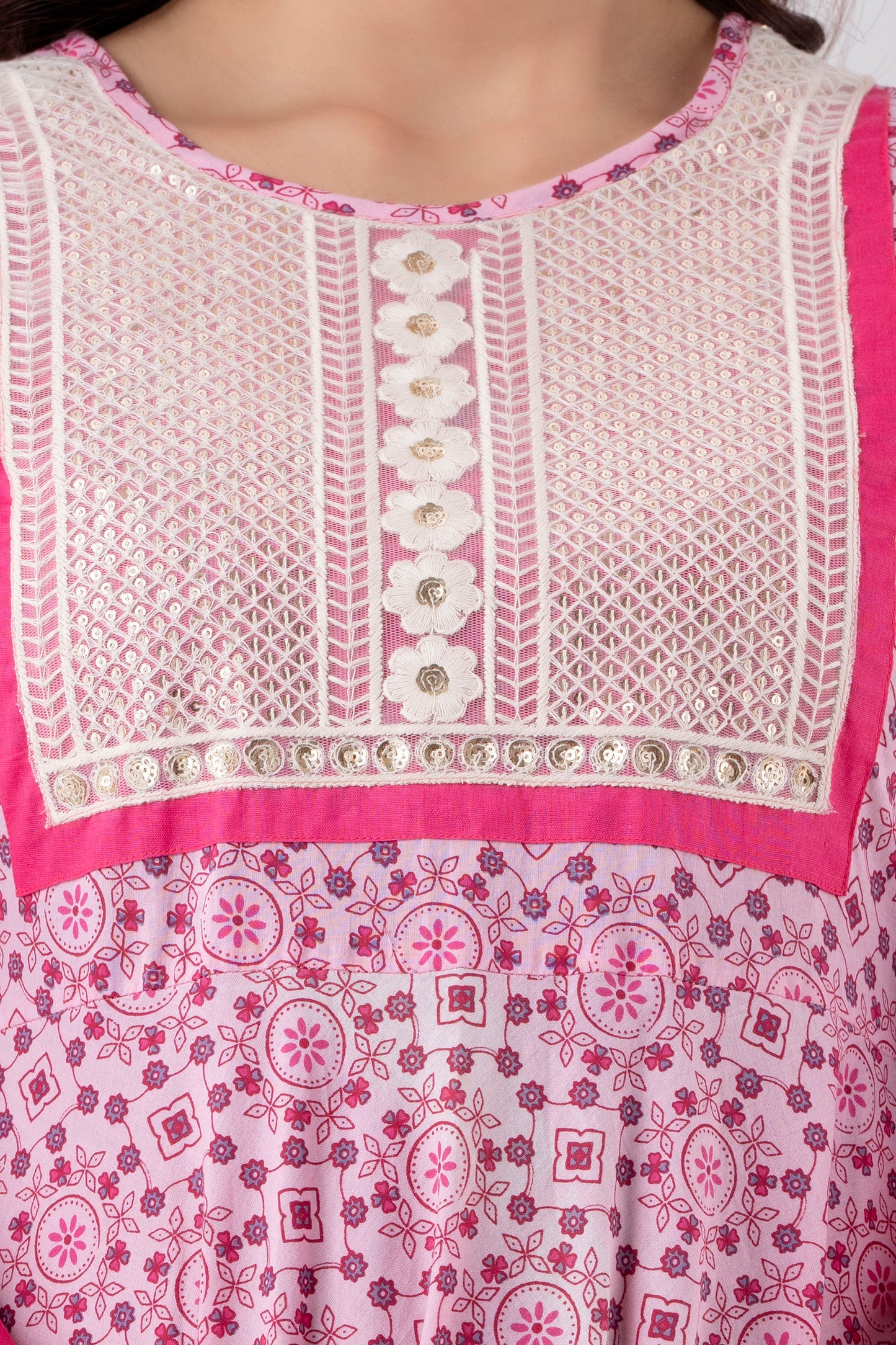 Jaipurite Tie Up Pink Embroidered Flared Party & Wedding Wear Long Kurta