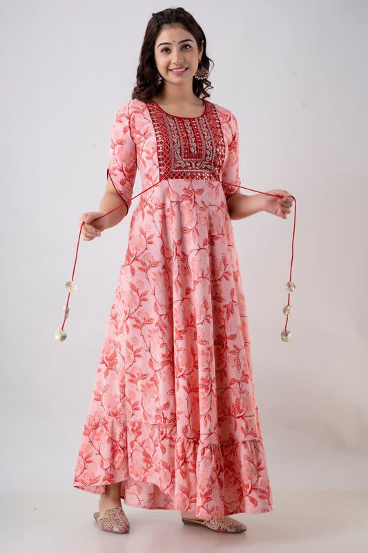 Jaipurite Floral & Flared Embroidered Long Party wear Dress