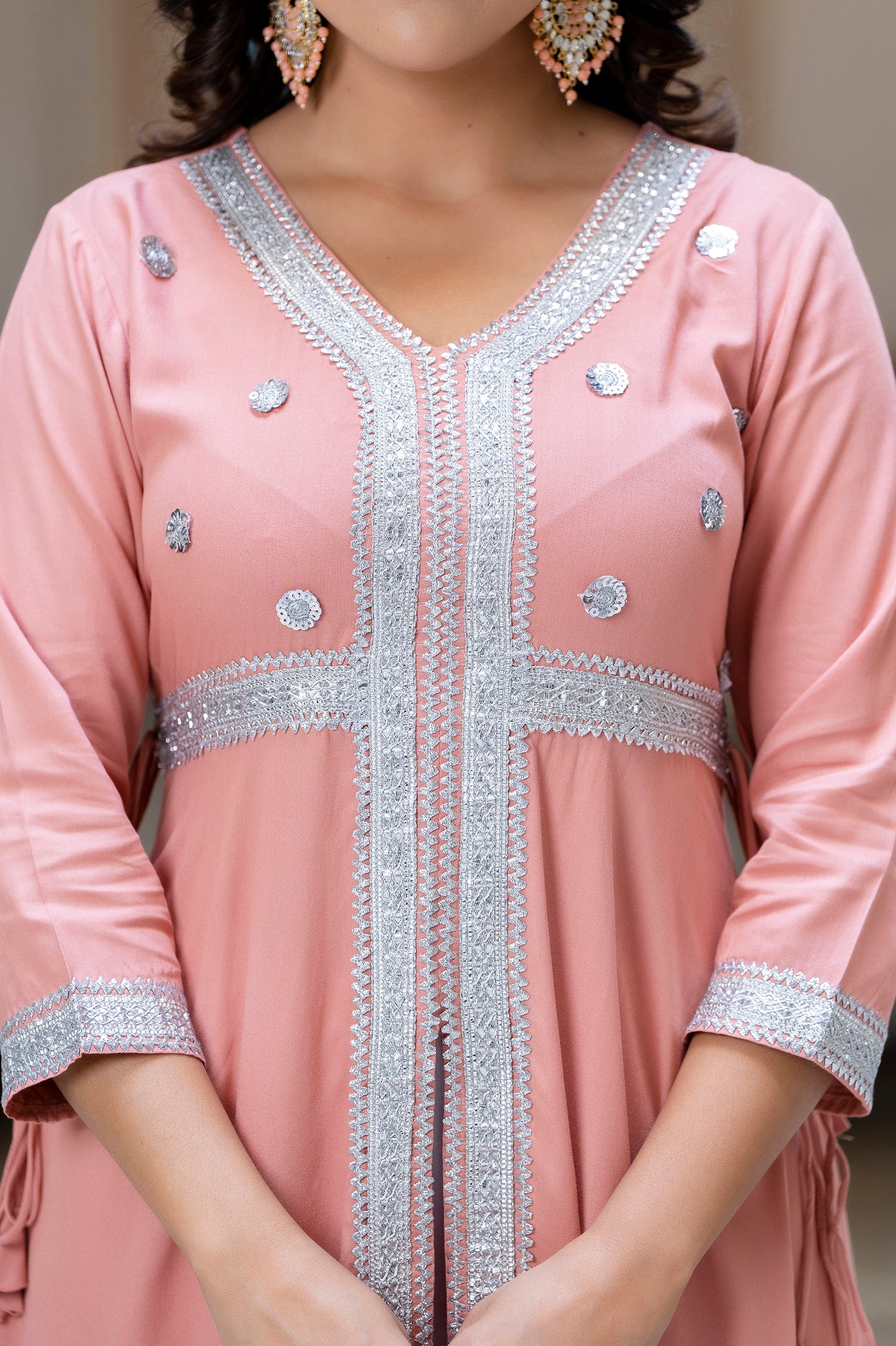 Jaipurite Peach Gotta Patti Open Front Festive Party Wear Long Flared Kurta