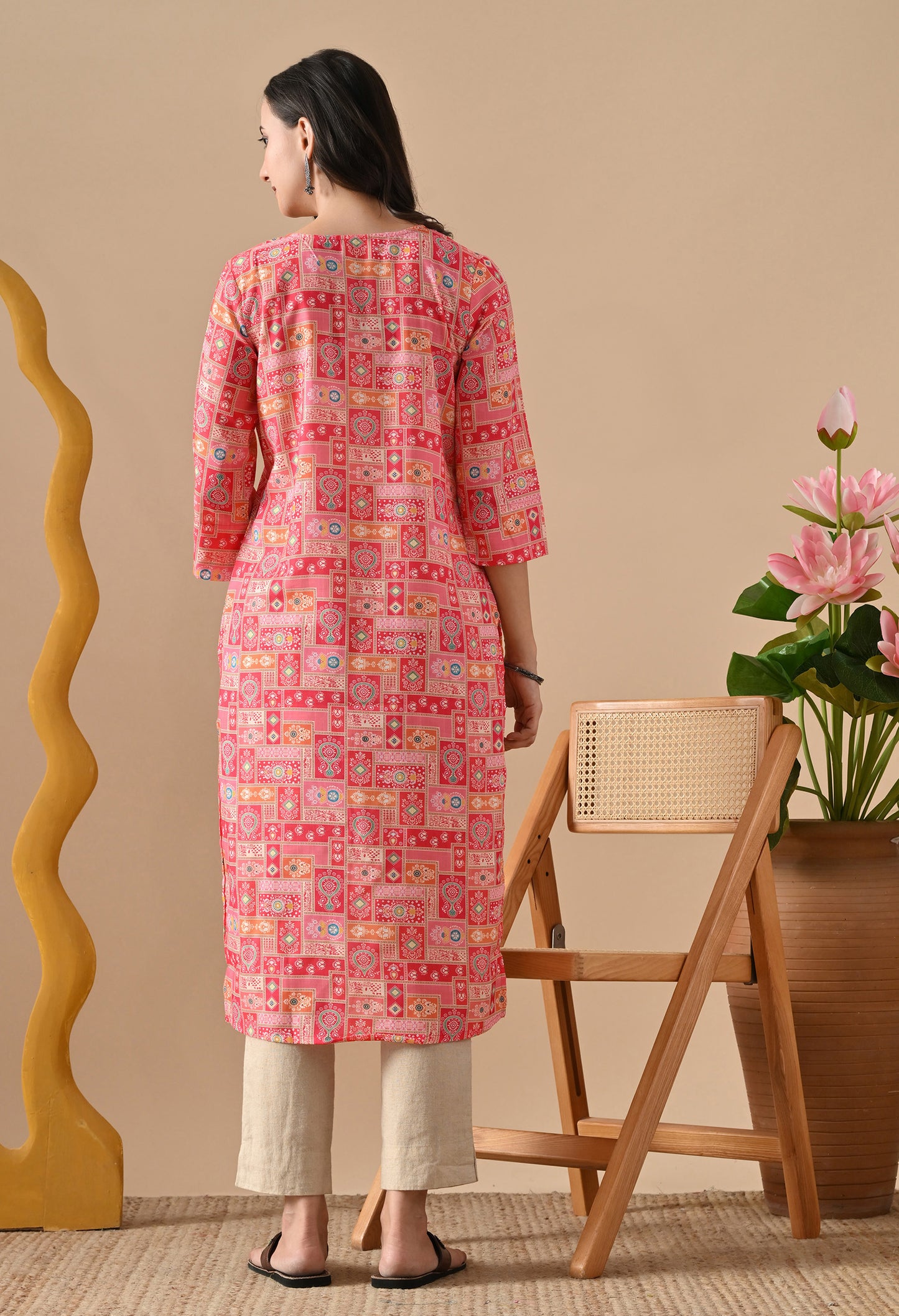 Patchwork Straight Kurta in Pink