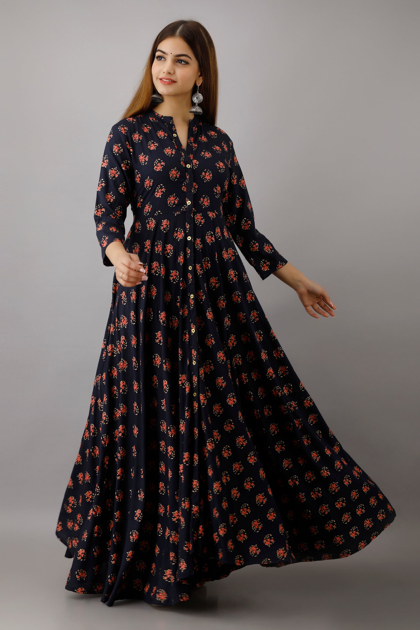 Jaipurite Long Flared Printed Kurta in Dark Blue