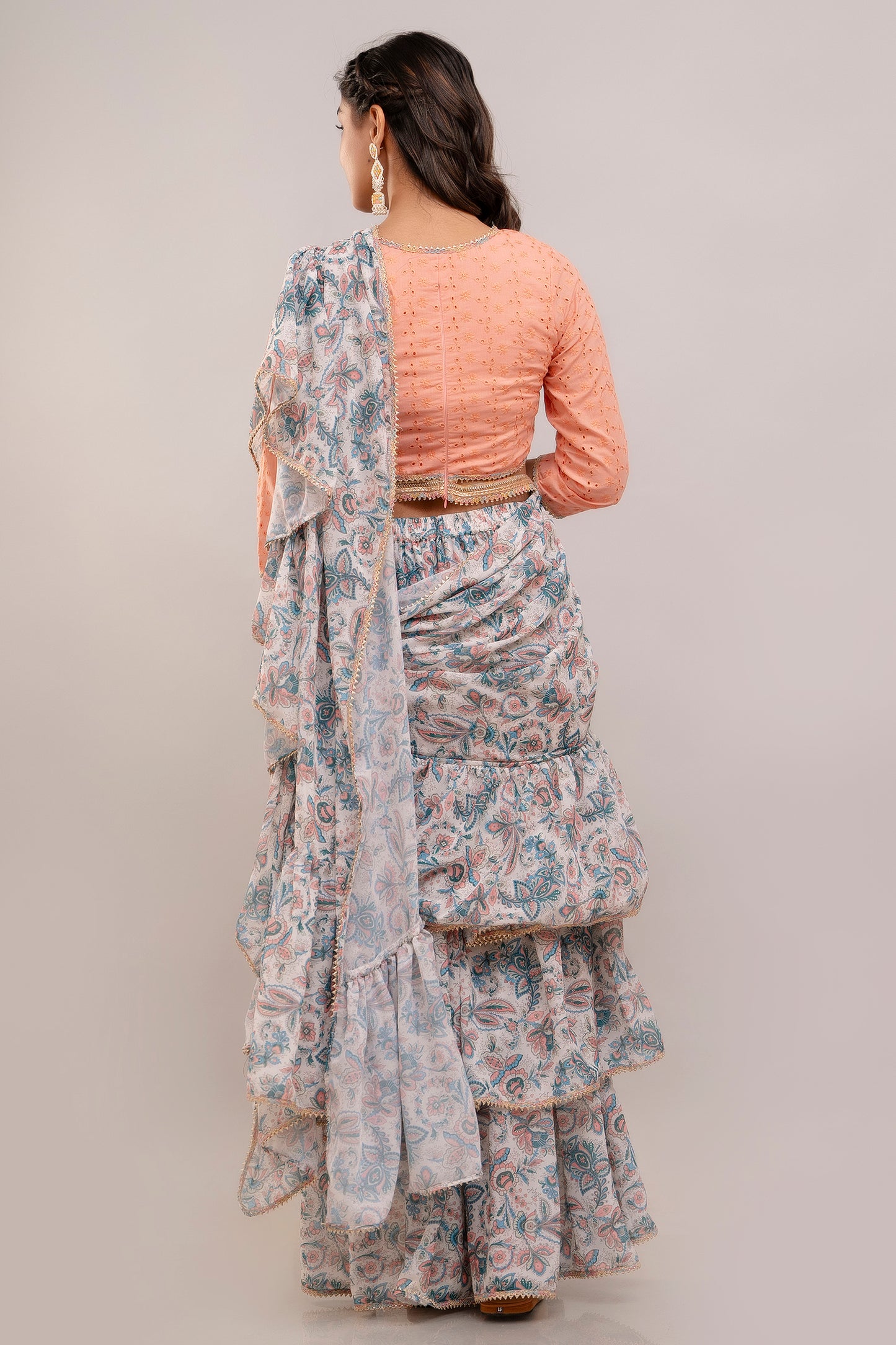 Jaipurite Embroidered Ruffled Saree With Blouse & belt