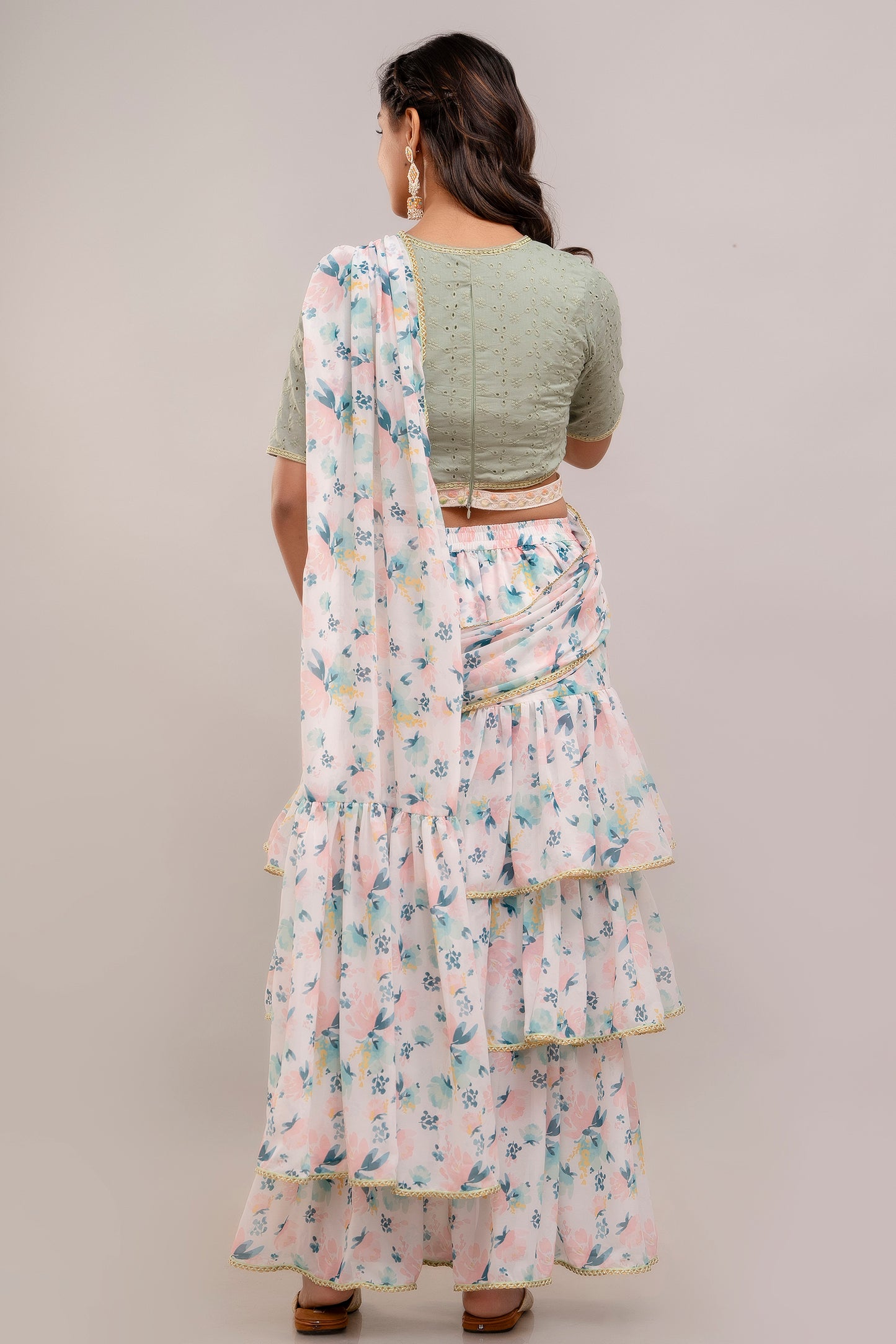 Jaipurite Embroidered Pre-Draped Saree With Blouse & belt