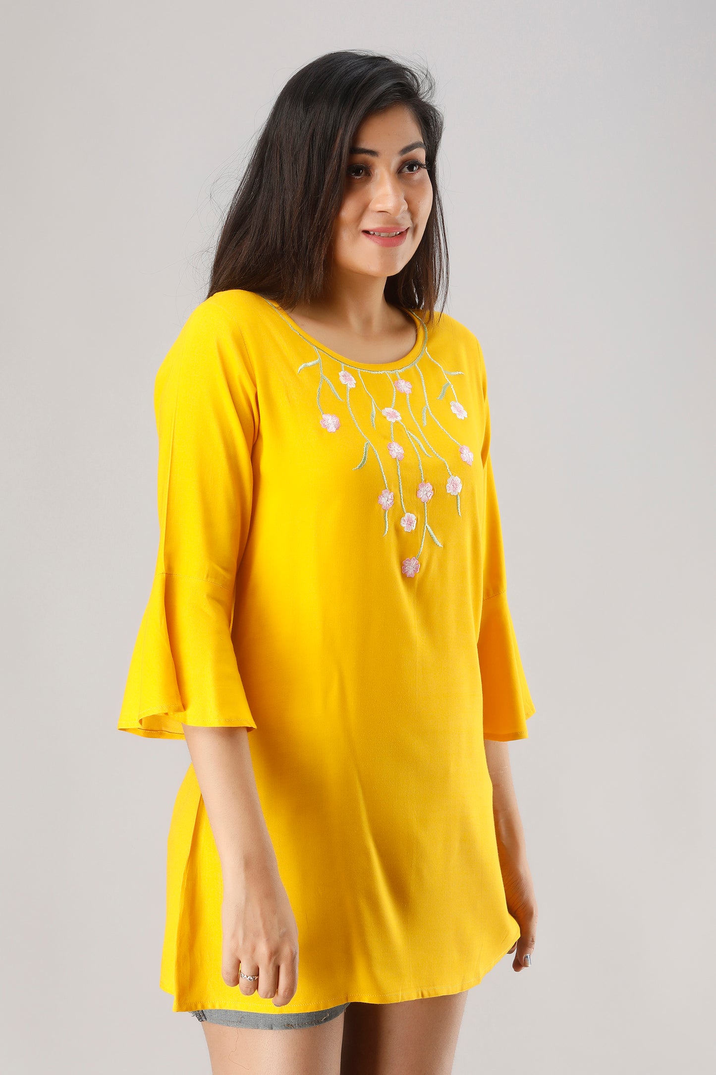 Jaipurite Rayon Embroidered Tunic in Yellow