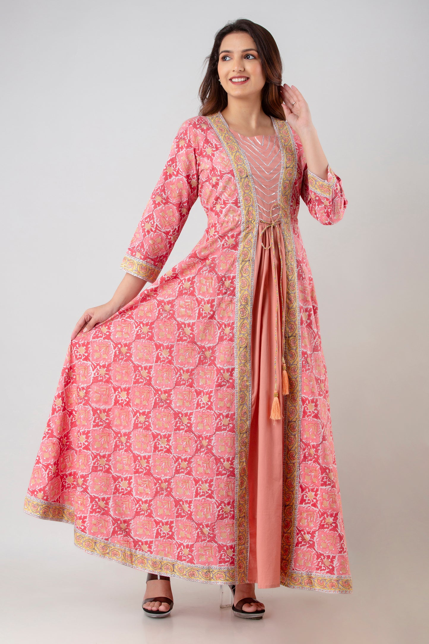 Jaipurite Gota Patti Anarkali kurta in Pink