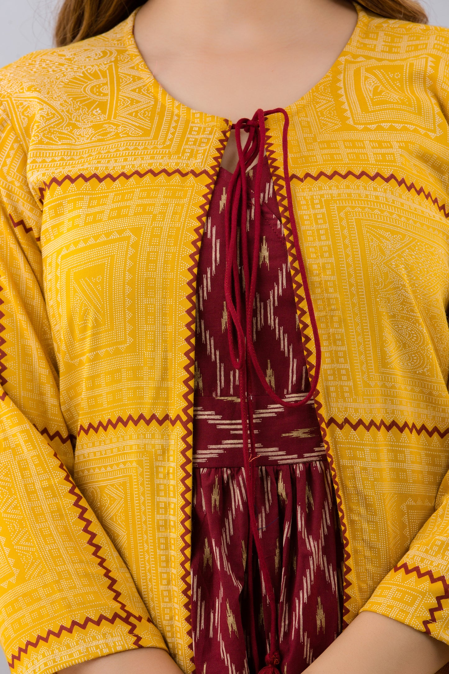 Jaipurite Flared Ikkat Kurta & Shrug in Yellow