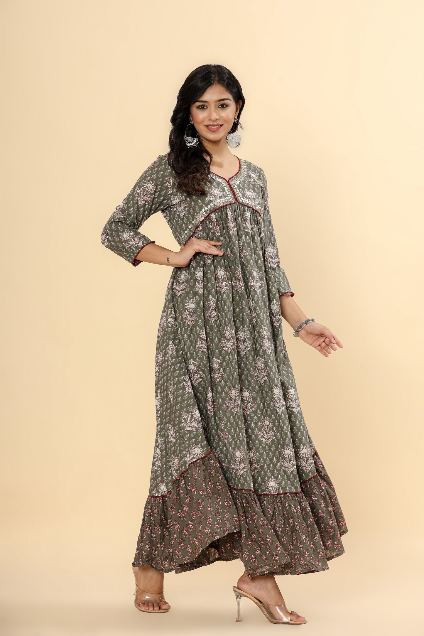 Women Printed Pure Cotton Anarkali Kurta in Green