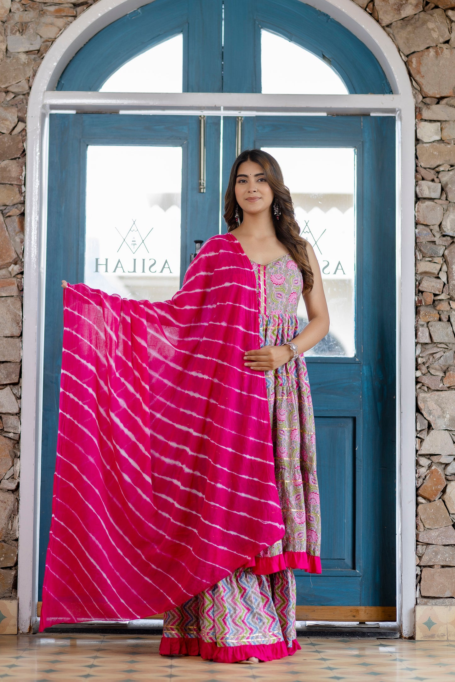 Ethnic Cotton Suit Set With Sharara And Dupatta
