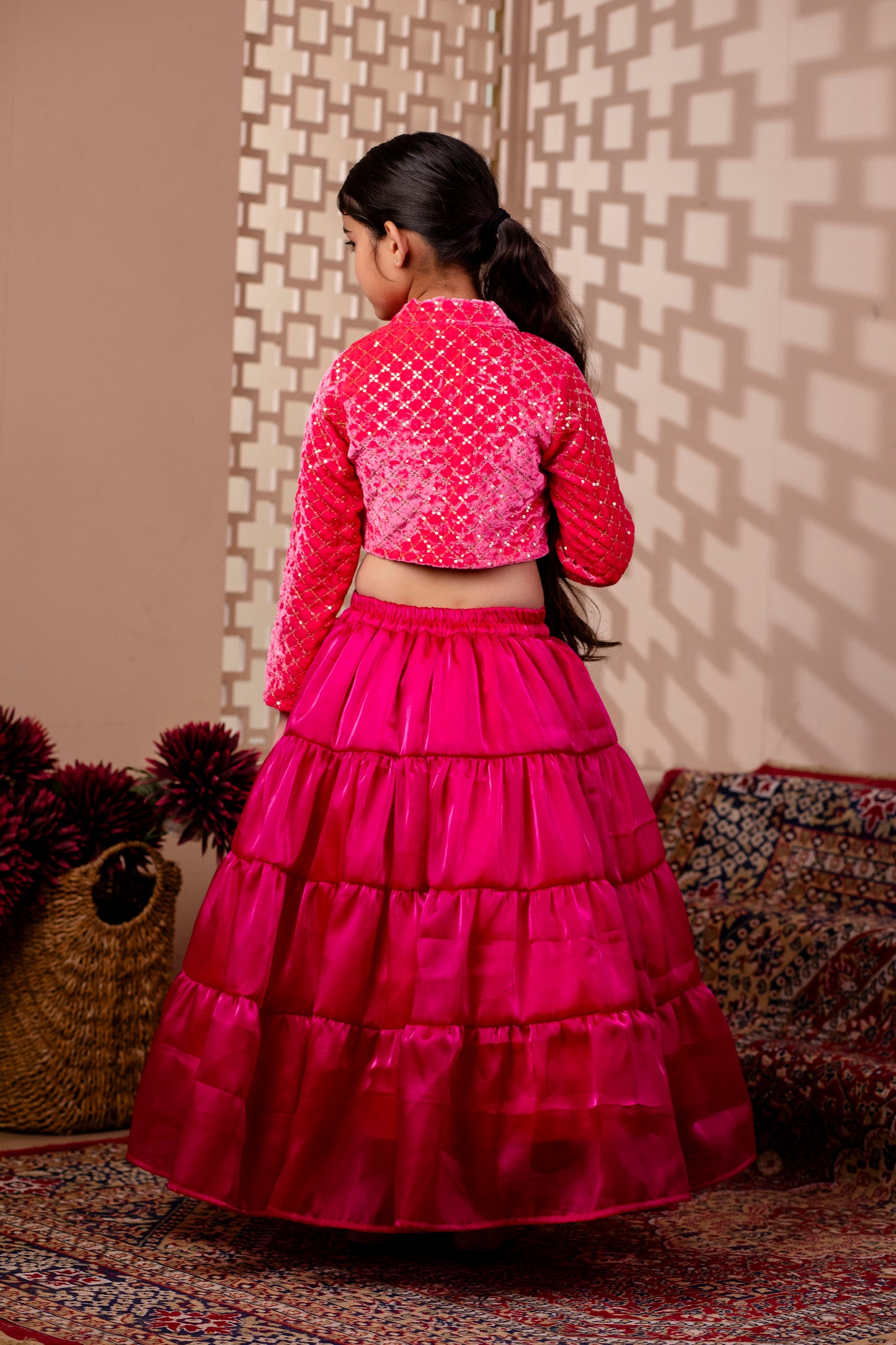Girls Embelished Velvet Lehenga and Choli Set