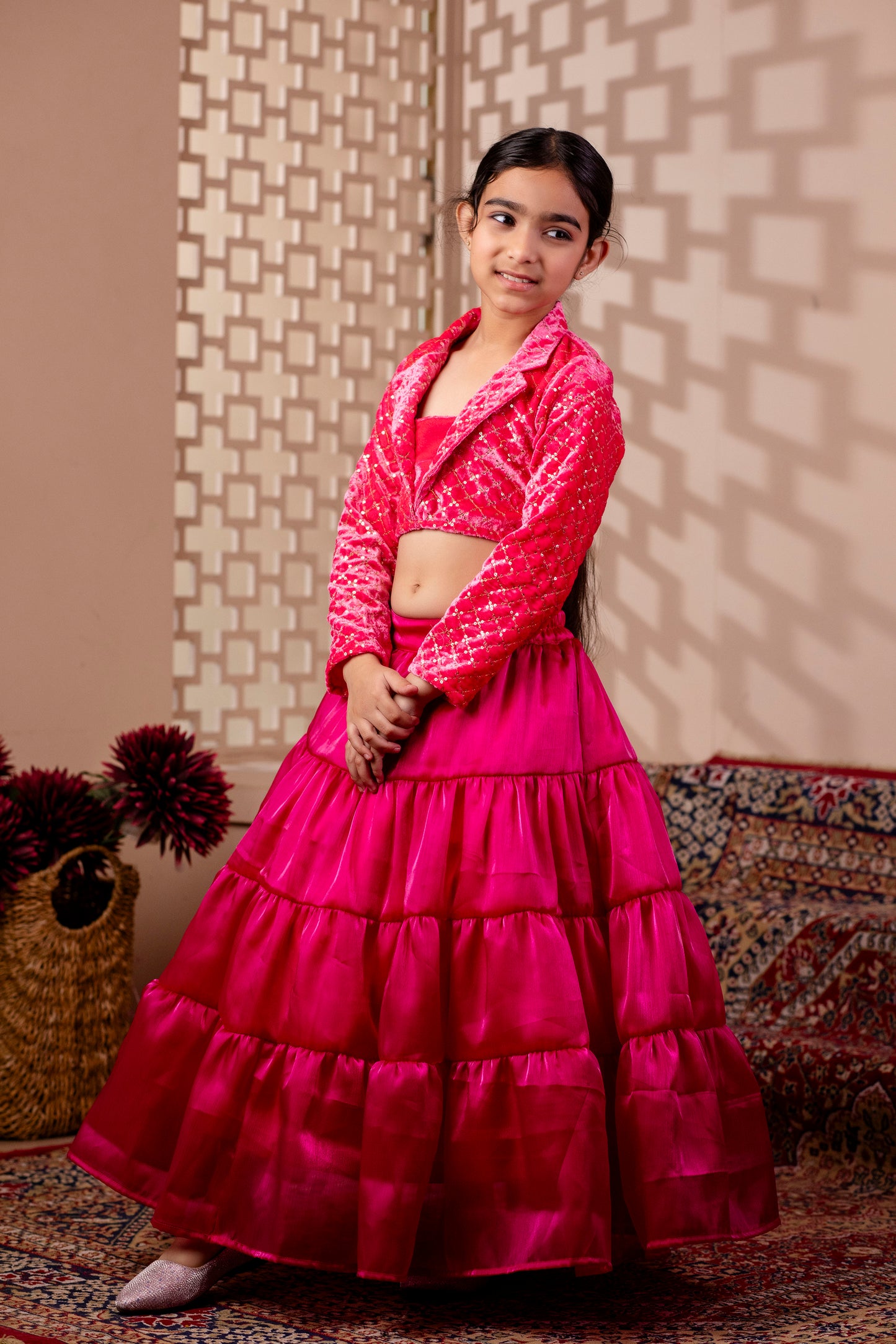 Girls Embelished Velvet Lehenga and Choli Set