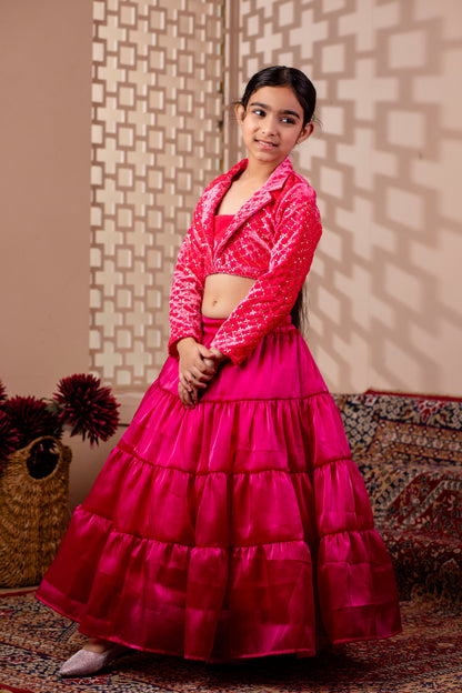 Girls Embelished Velvet Lehenga and Choli Set