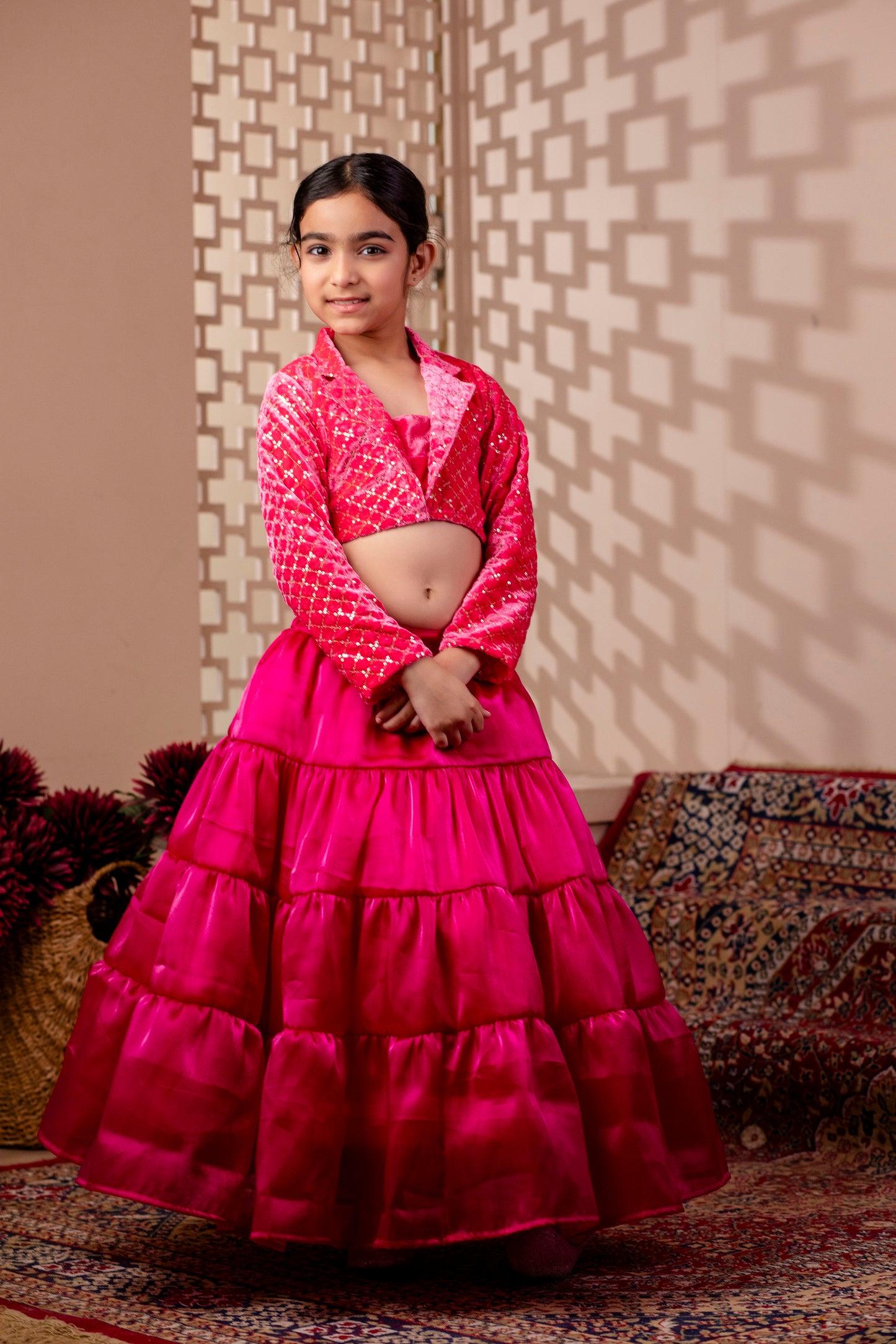 Girls Embelished Velvet Lehenga and Choli Set