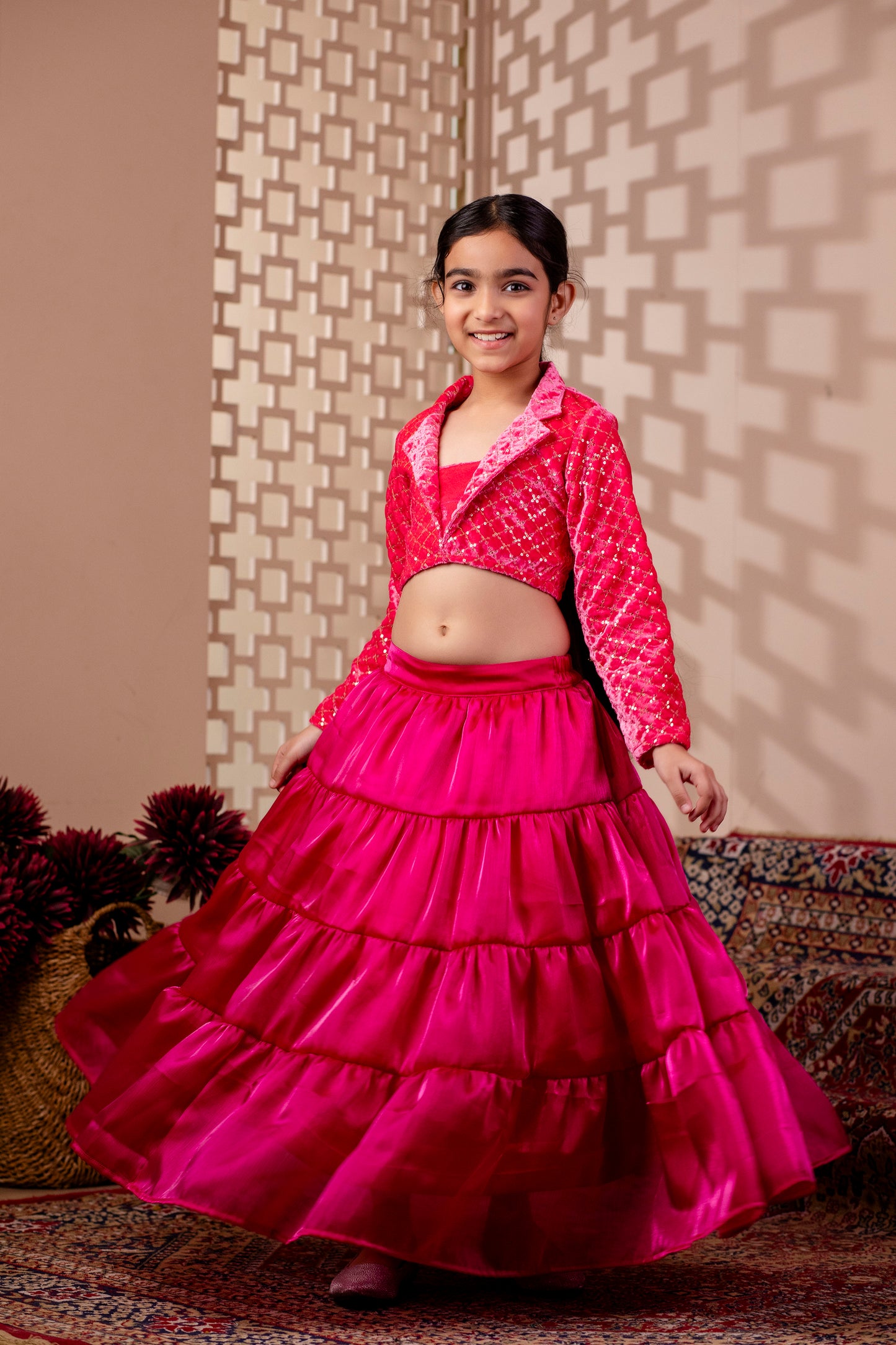 Girls Embelished Velvet Lehenga and Choli Set