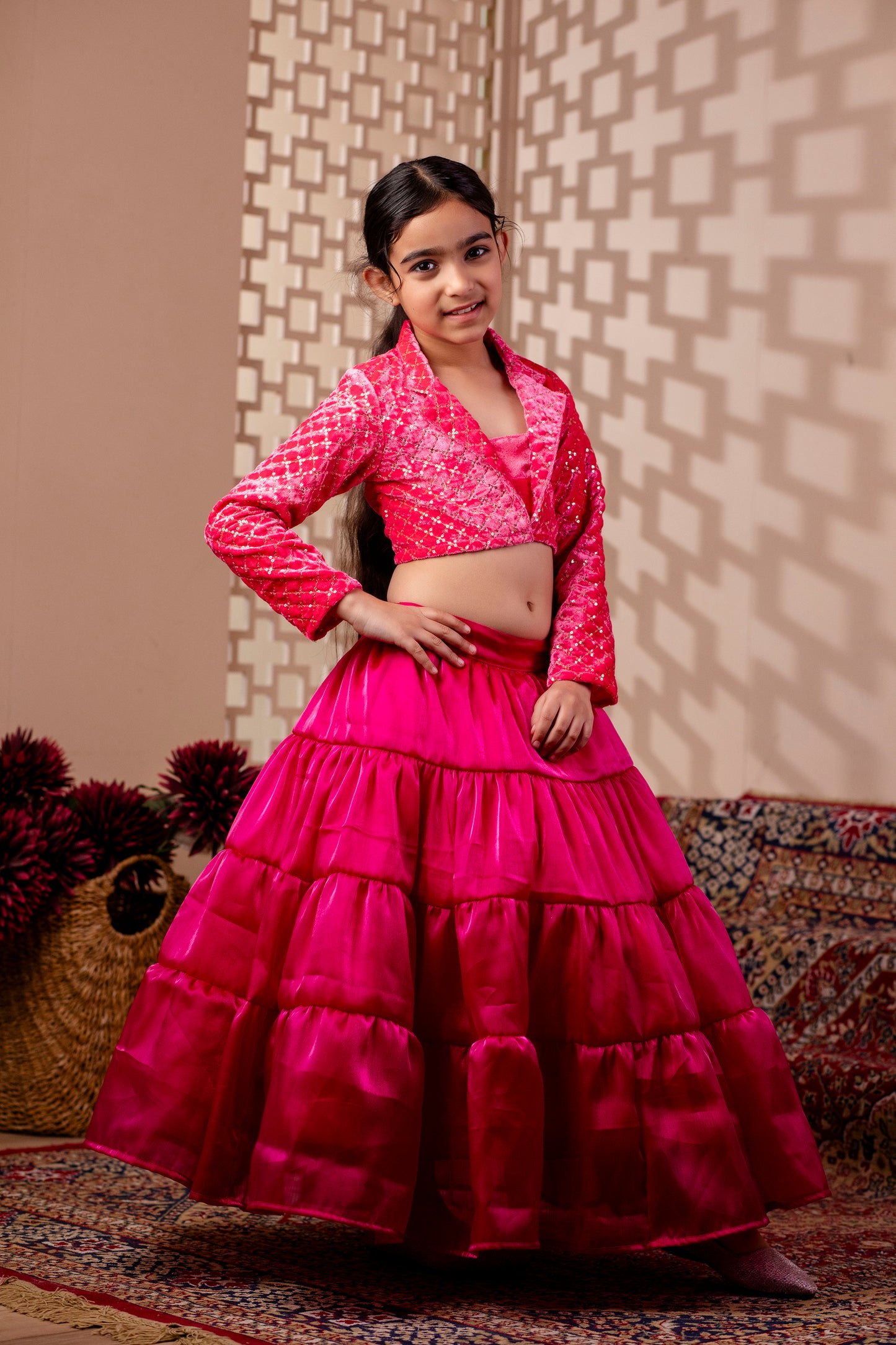 Girls Embelished Velvet Lehenga and Choli Set