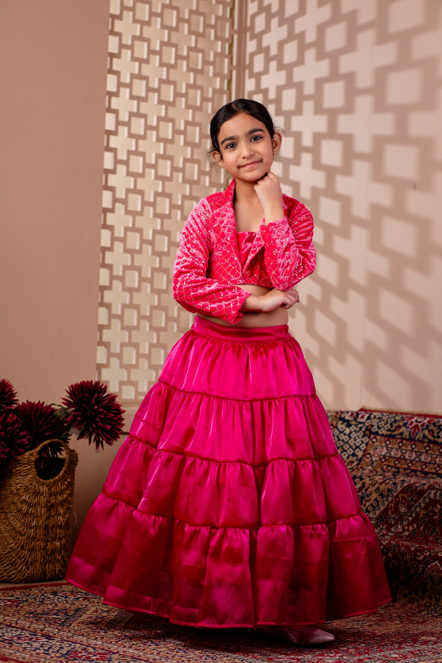 Girls Embelished Velvet Lehenga and Choli Set