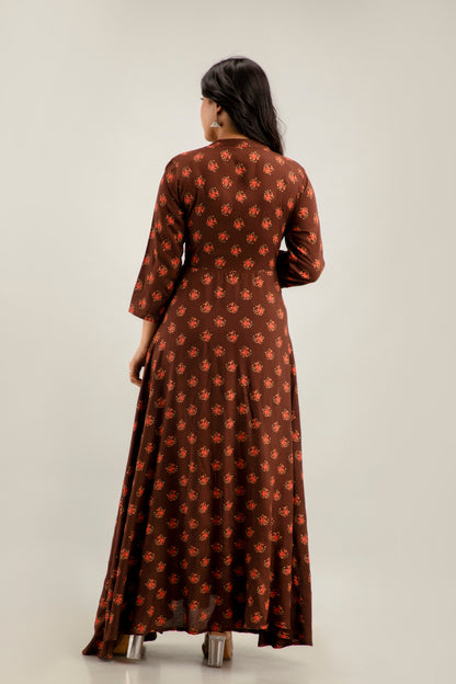 Jaipurite Long Flared Printed Kurta in Brown