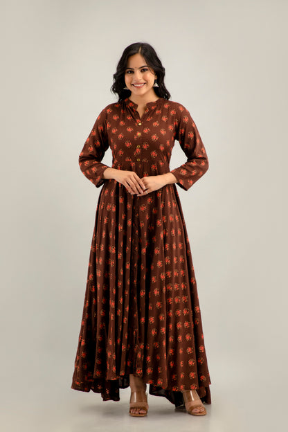 Jaipurite Long Flared Printed Kurta in Brown