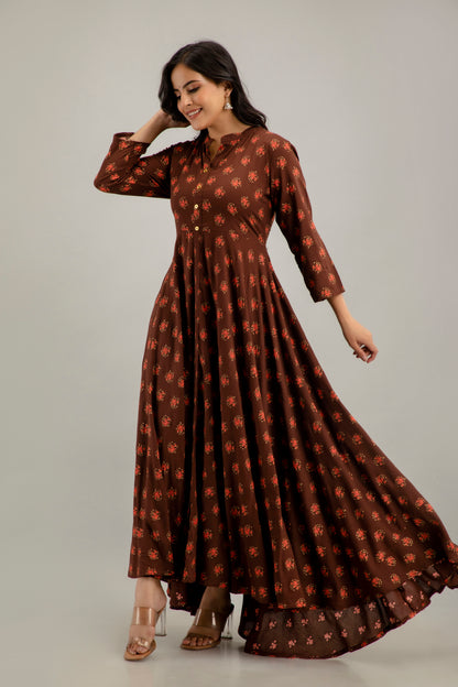 Jaipurite Long Flared Printed Kurta in Brown