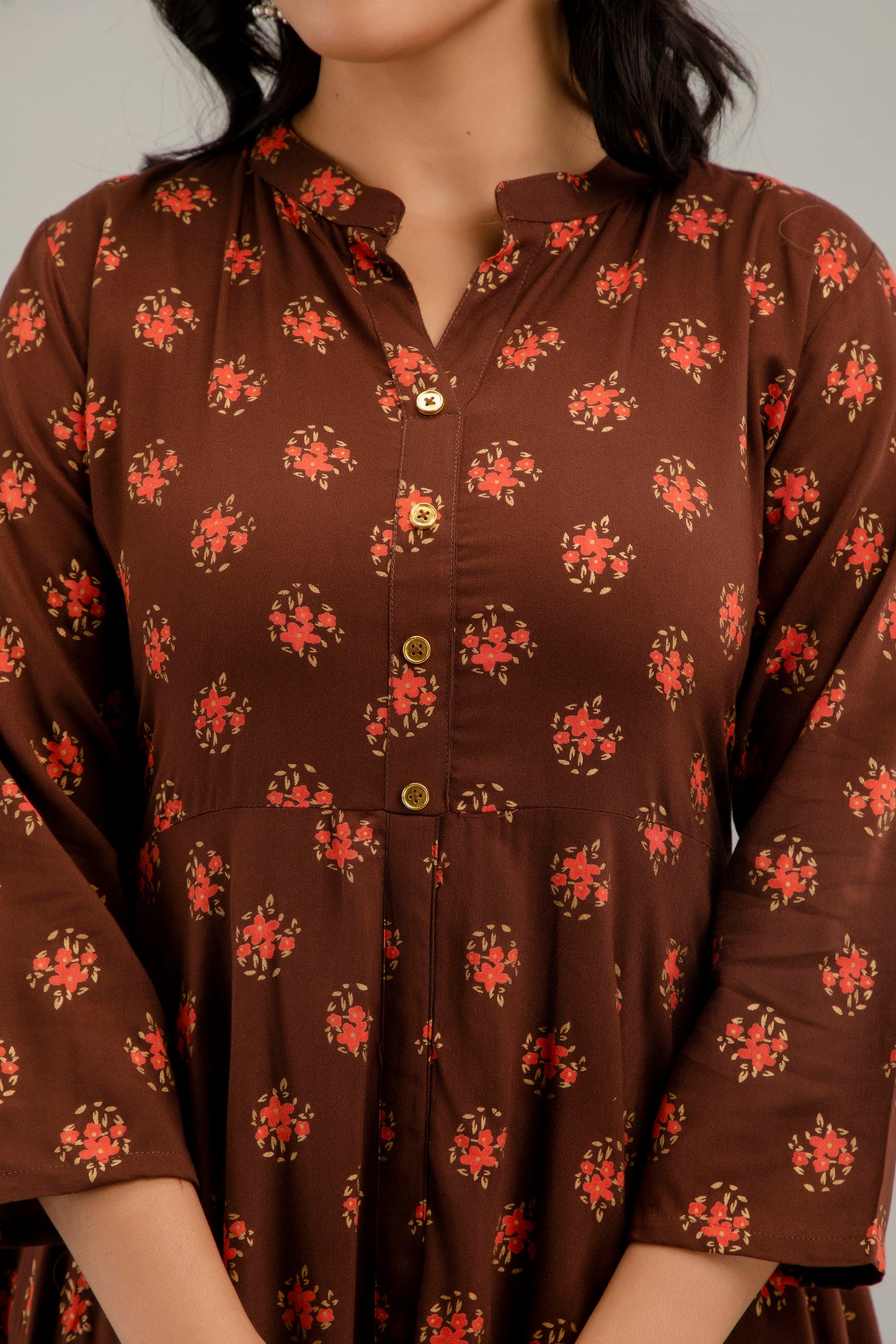 Jaipurite Long Flared Printed Kurta in Brown