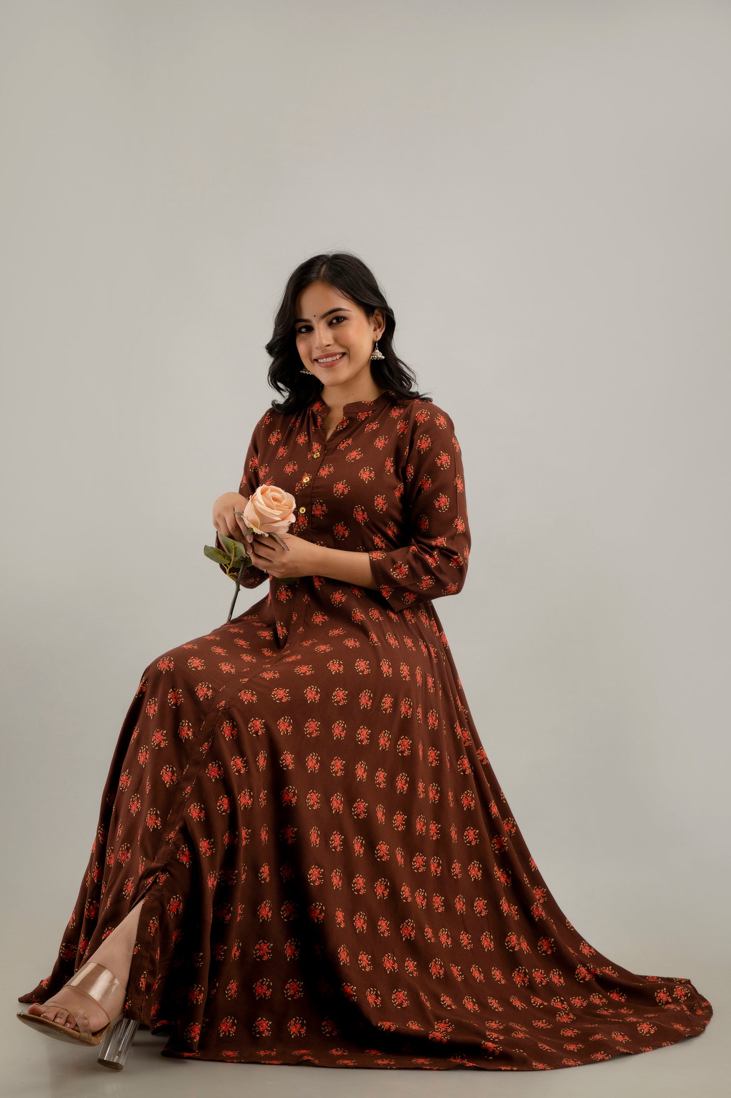 Jaipurite Long Flared Printed Kurta in Brown