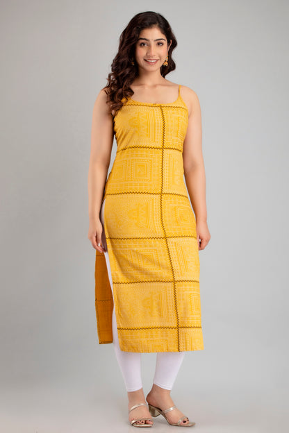 Jaipurite Sleeveless Printed Straight Kurta in Yellow