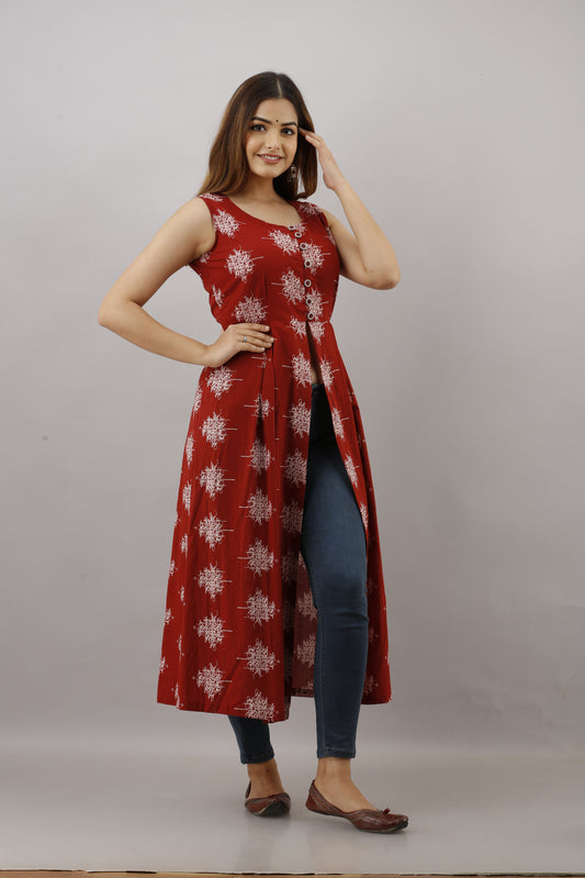 Jaipurite Printed Front-slit Kurta in Maroon