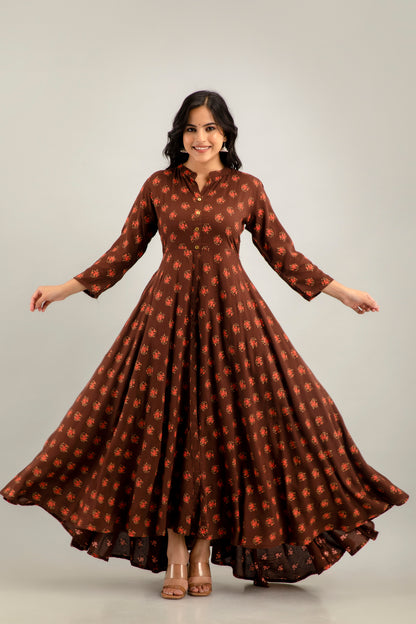 Jaipurite Long Flared Printed Kurta in Brown