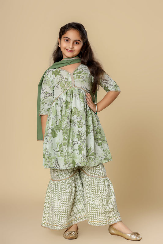 Cutiediva Girls Festive Printed Alia Cut Pure Cotton Kurta & Sharara With Dupatta