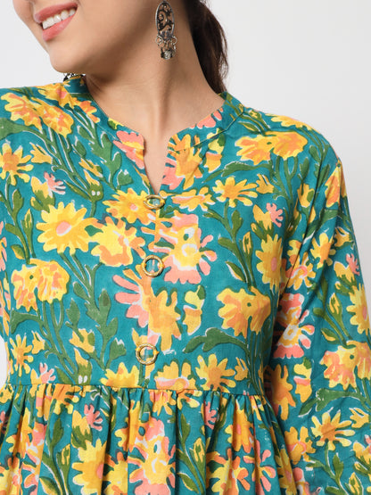 Jaipurite Green Floral Printed Tunic in Cotton