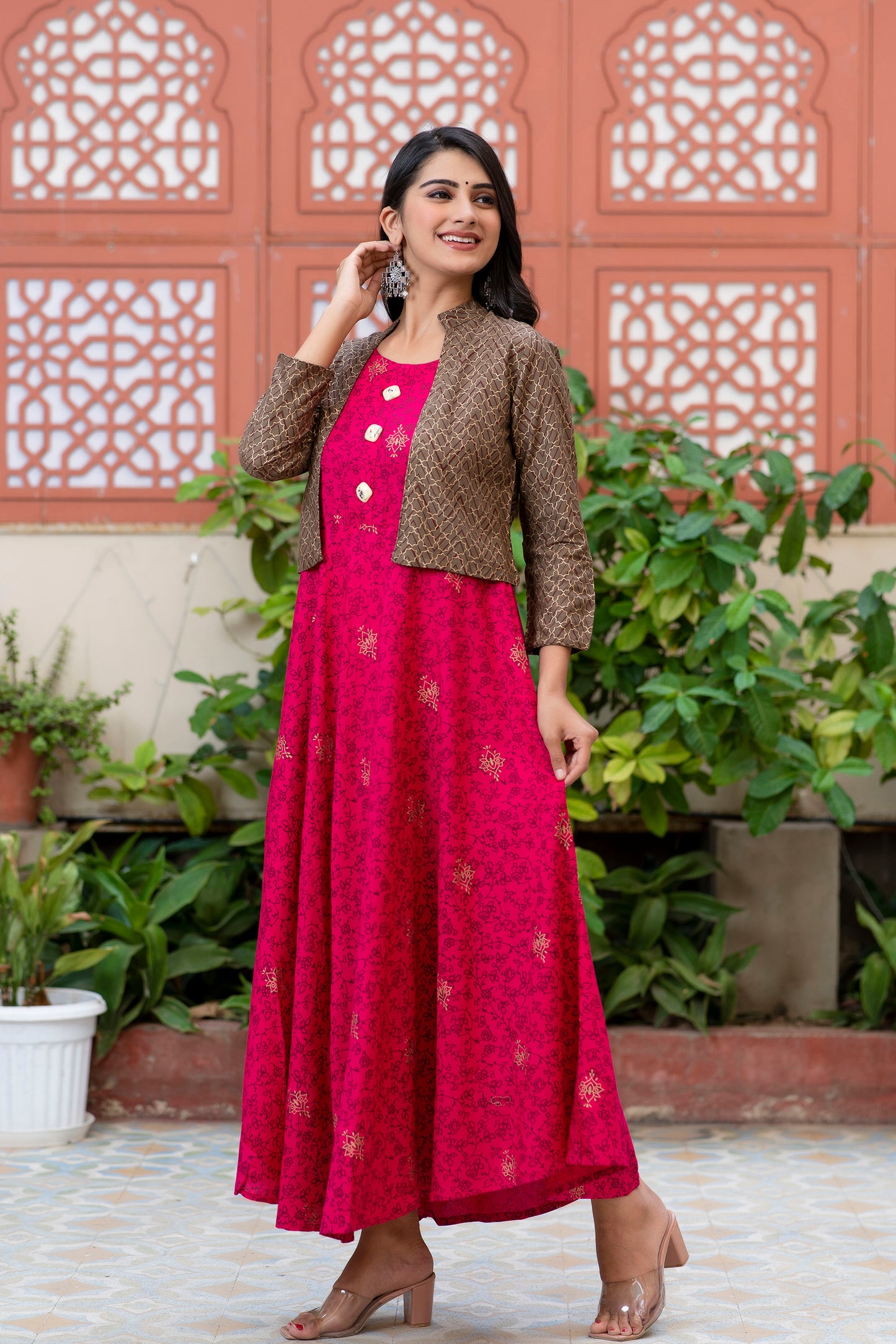 Jaipurite Gold Printed Designer Jacket Kurta In Pink
