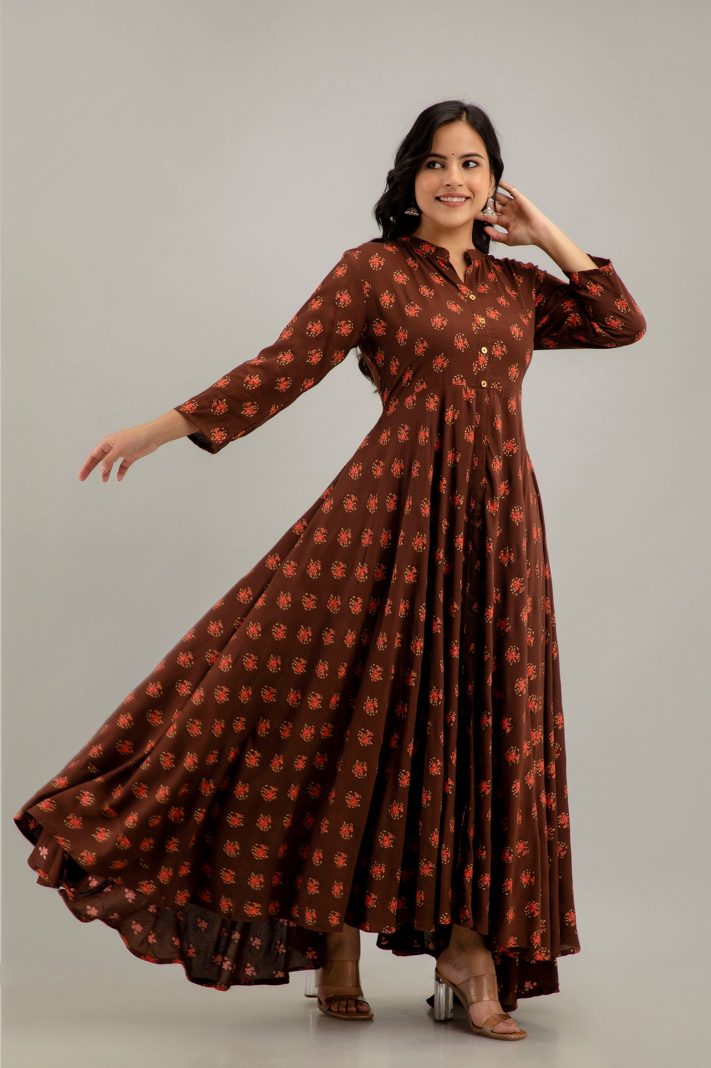 Jaipurite Long Flared Printed Kurta in Brown