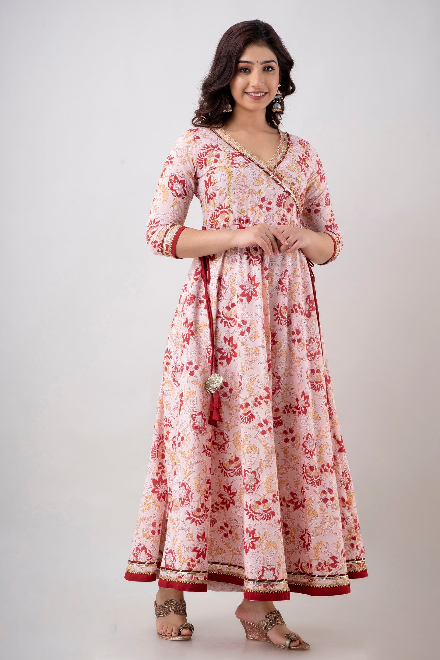 Jaipurite V Neck Anarkali Gotta Patti Floral Pink Long Dress