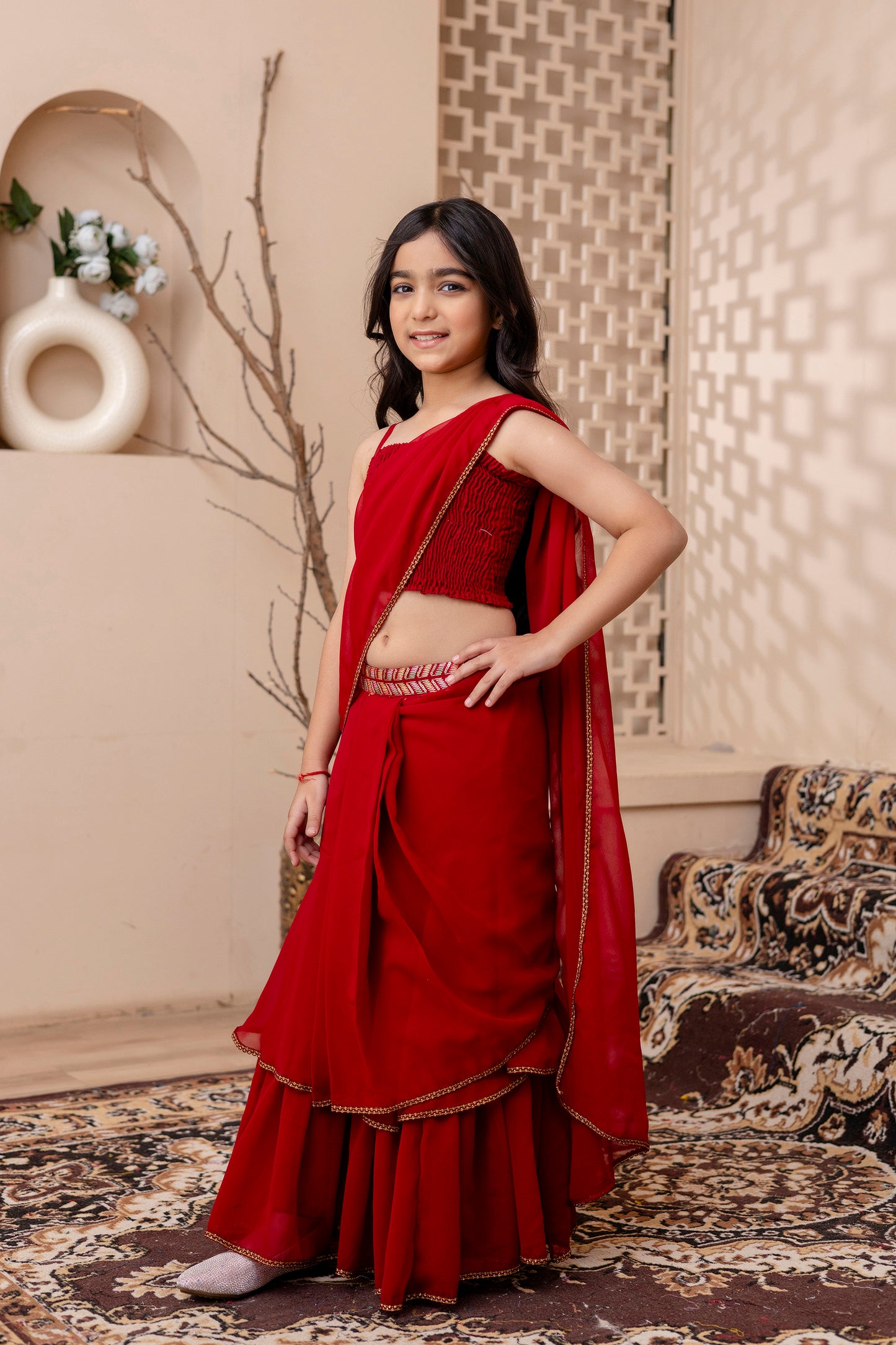 Girls Pre Drapped Saree And Choli With Embroidered Jacket