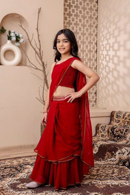 Girls Pre Drapped Saree And Choli With Embroidered Jacket