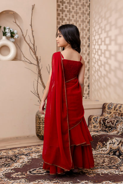 Girls Pre Drapped Saree And Choli With Embroidered Jacket