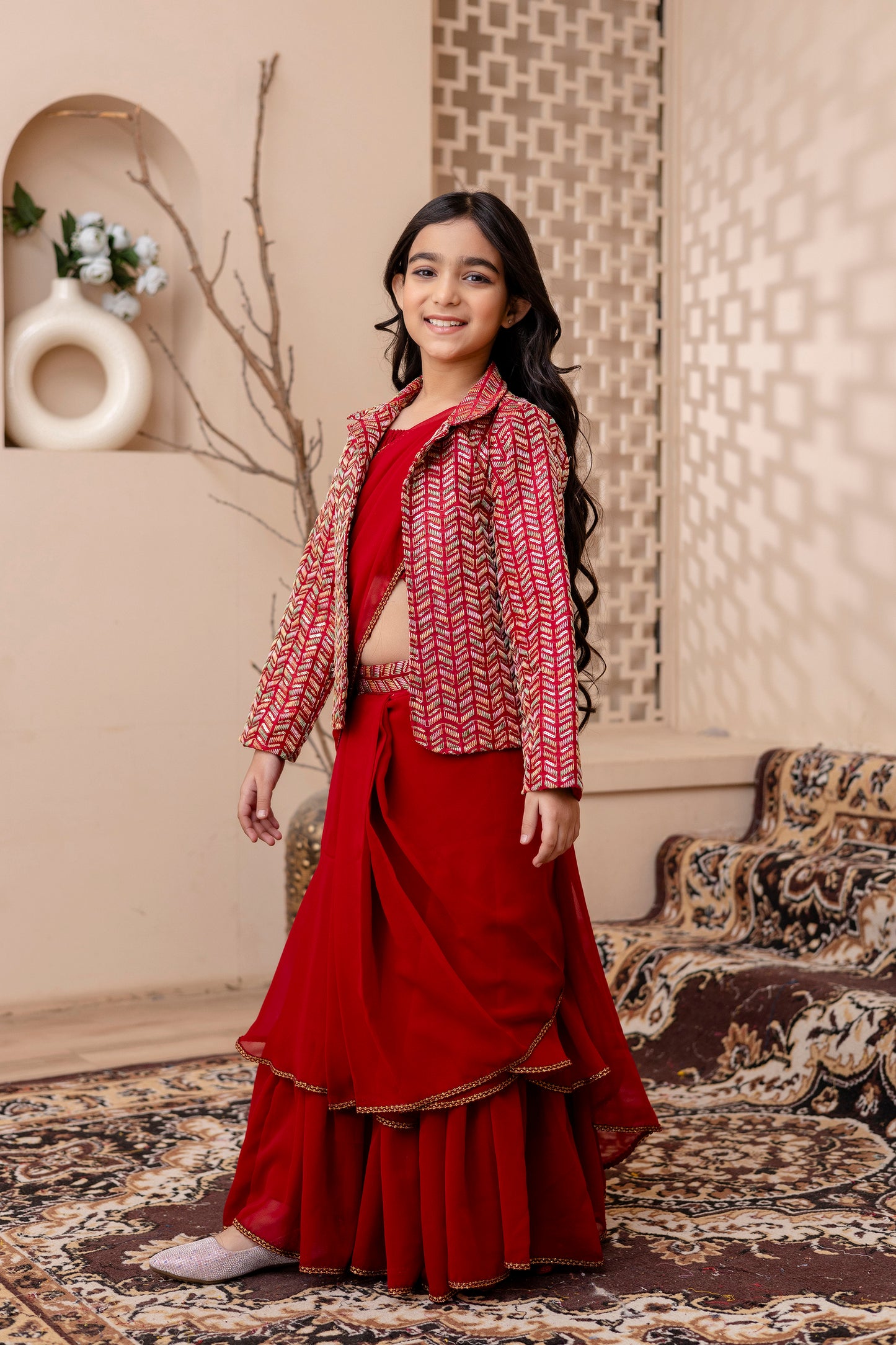 Girls Pre Drapped Saree And Choli With Embroidered Jacket
