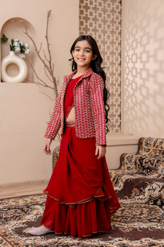 Girls Pre Drapped Saree And Choli With Embroidered Jacket