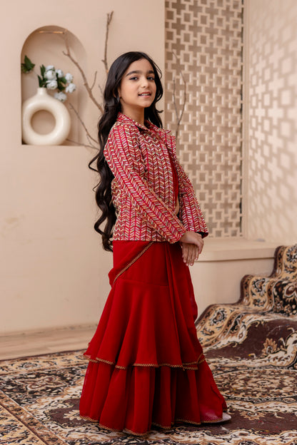 Girls Pre Drapped Saree And Choli With Embroidered Jacket