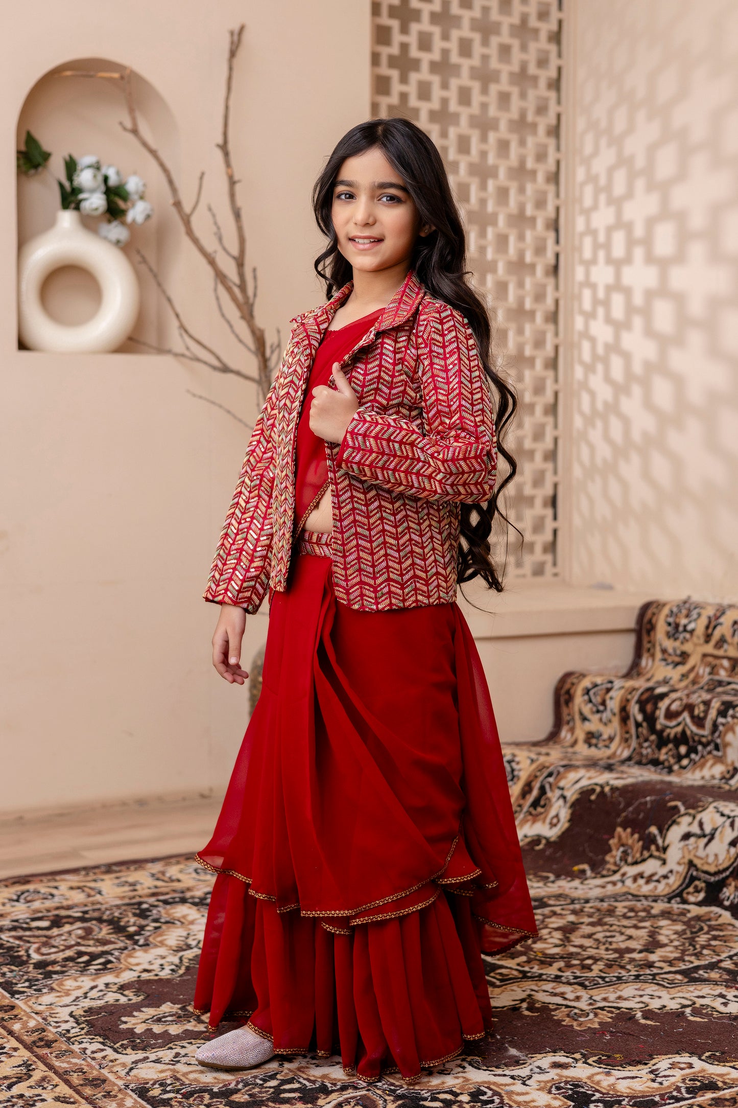 Girls Pre Drapped Saree And Choli With Embroidered Jacket