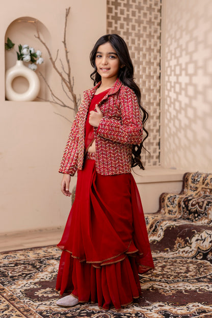 Girls Pre Drapped Saree And Choli With Embroidered Jacket