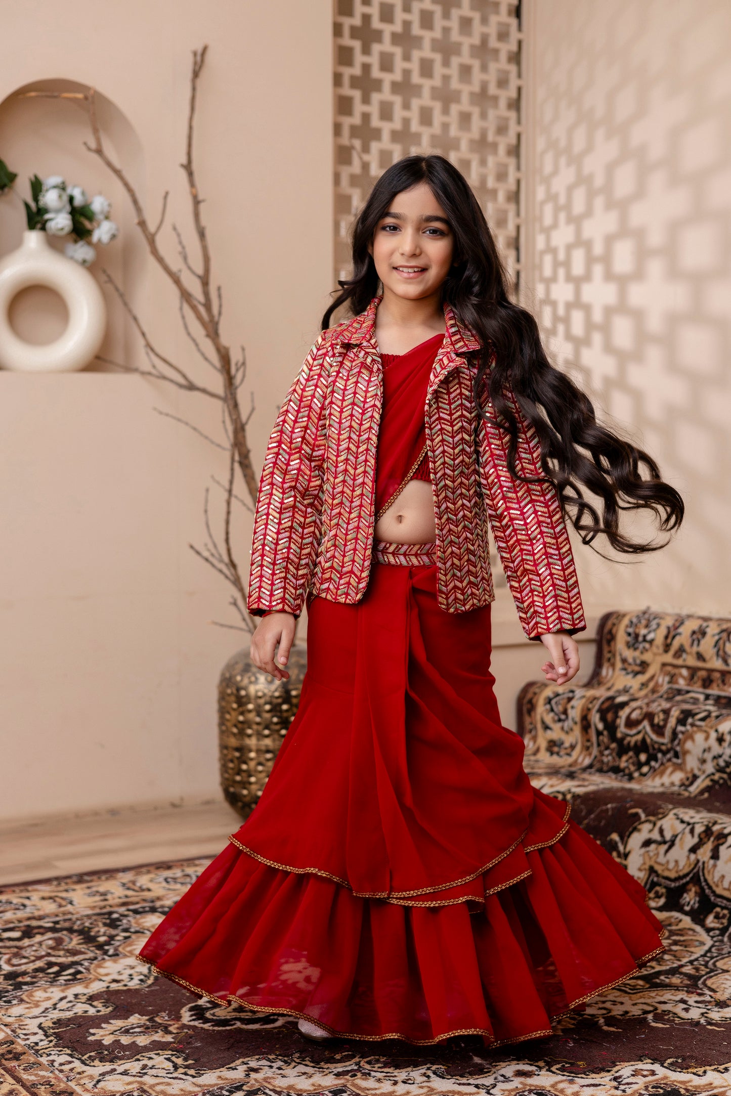 Girls Pre Drapped Saree And Choli With Embroidered Jacket