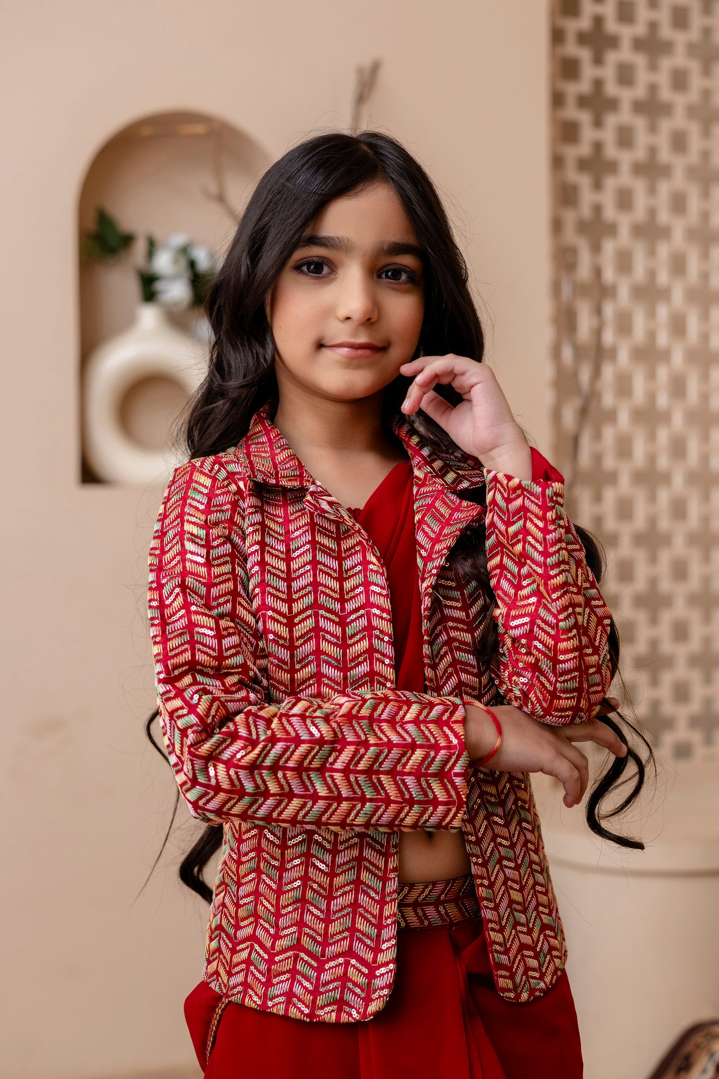 Girls Pre Drapped Saree And Choli With Embroidered Jacket