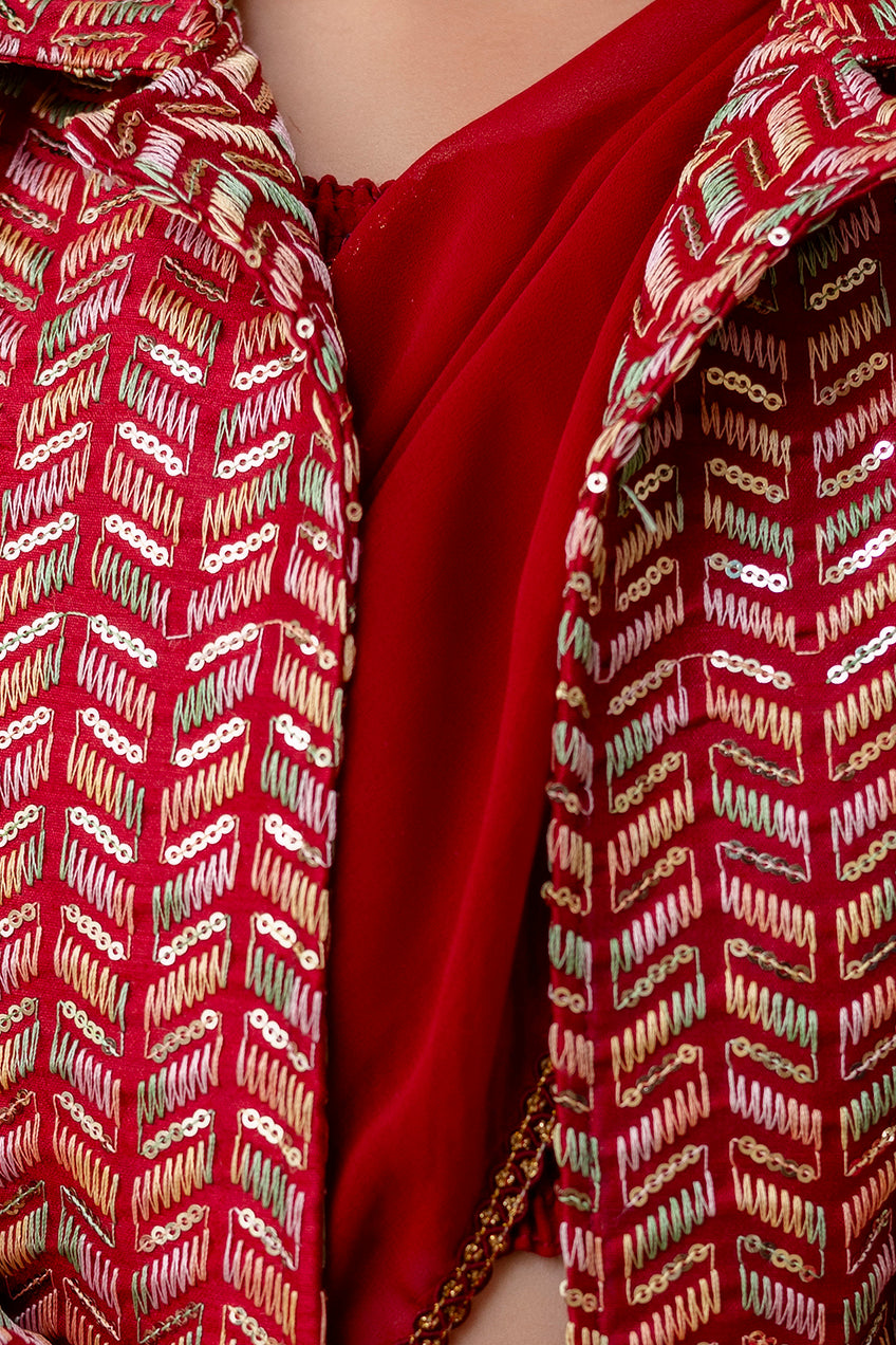 Girls Pre Drapped Saree And Choli With Embroidered Jacket